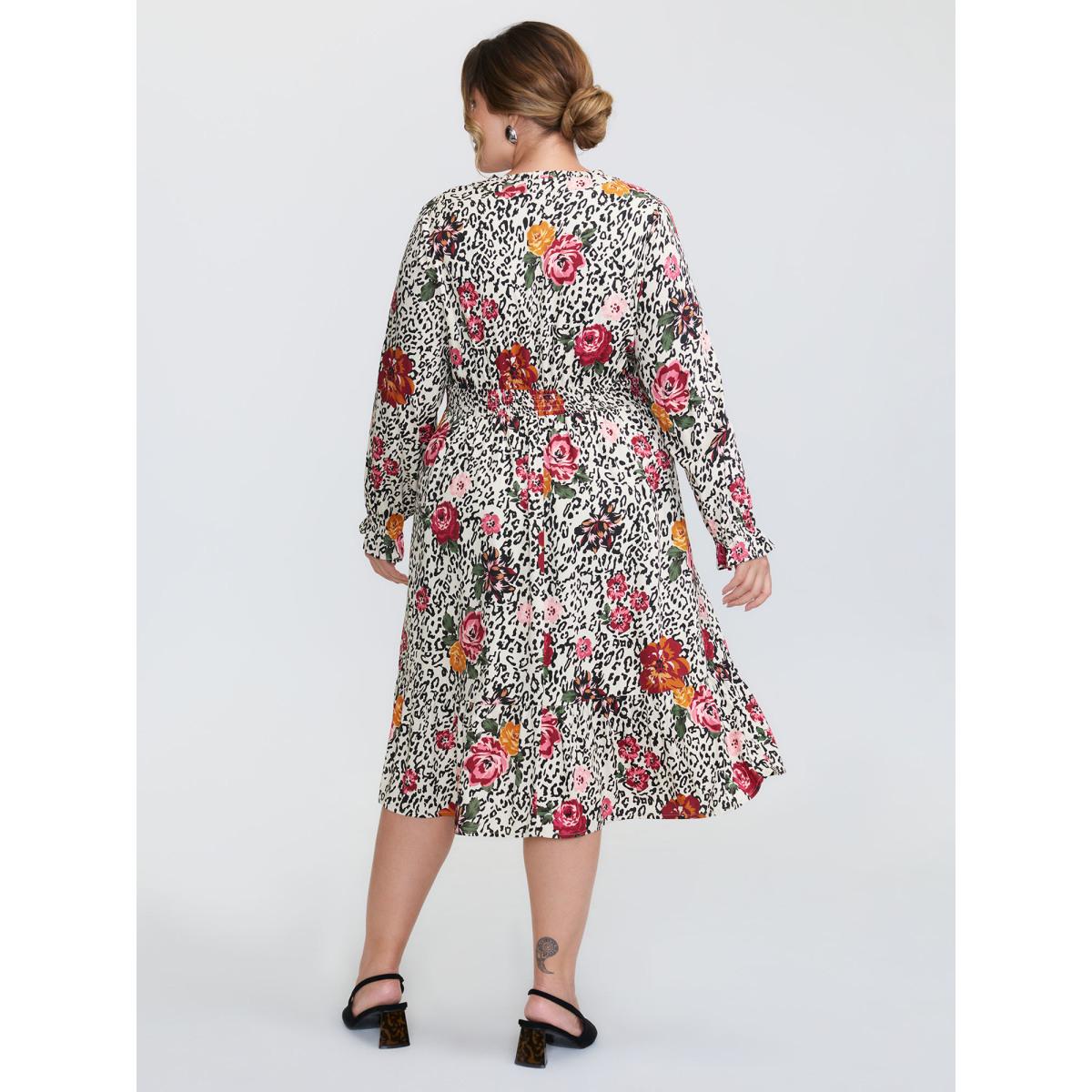 Plus Size Leopard Floral Print Shirred Waist Midi Dress Apricot Women Timeless Tie knot Flat collar with V-notch Long Sleeve Curvy BloomChic 14-16/1X Product Image