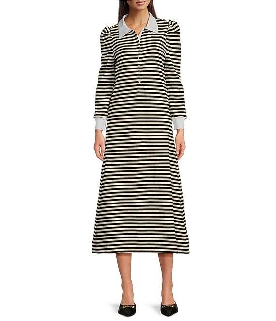 Buru Knit Rugby Stripe Contrast Point Collar Long Sleeve Button Front A-Line Midi Dress Product Image