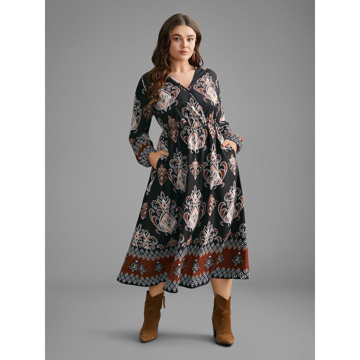 Plus Size Bandana Overlap Collar Elastic Waist Dress Black Women Resort Non Overlap Collar Long Sleeve Curvy BloomChic 30/6X Product Image