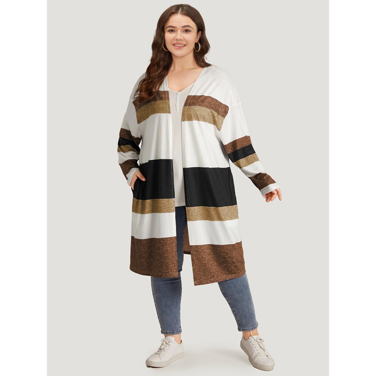 Plus Size Striped Contrast Pocket Open Front Kimono Women DarkBrown Casual Contrast Loose Pocket Everyday Kimonos BloomChic 28/5X Product Image