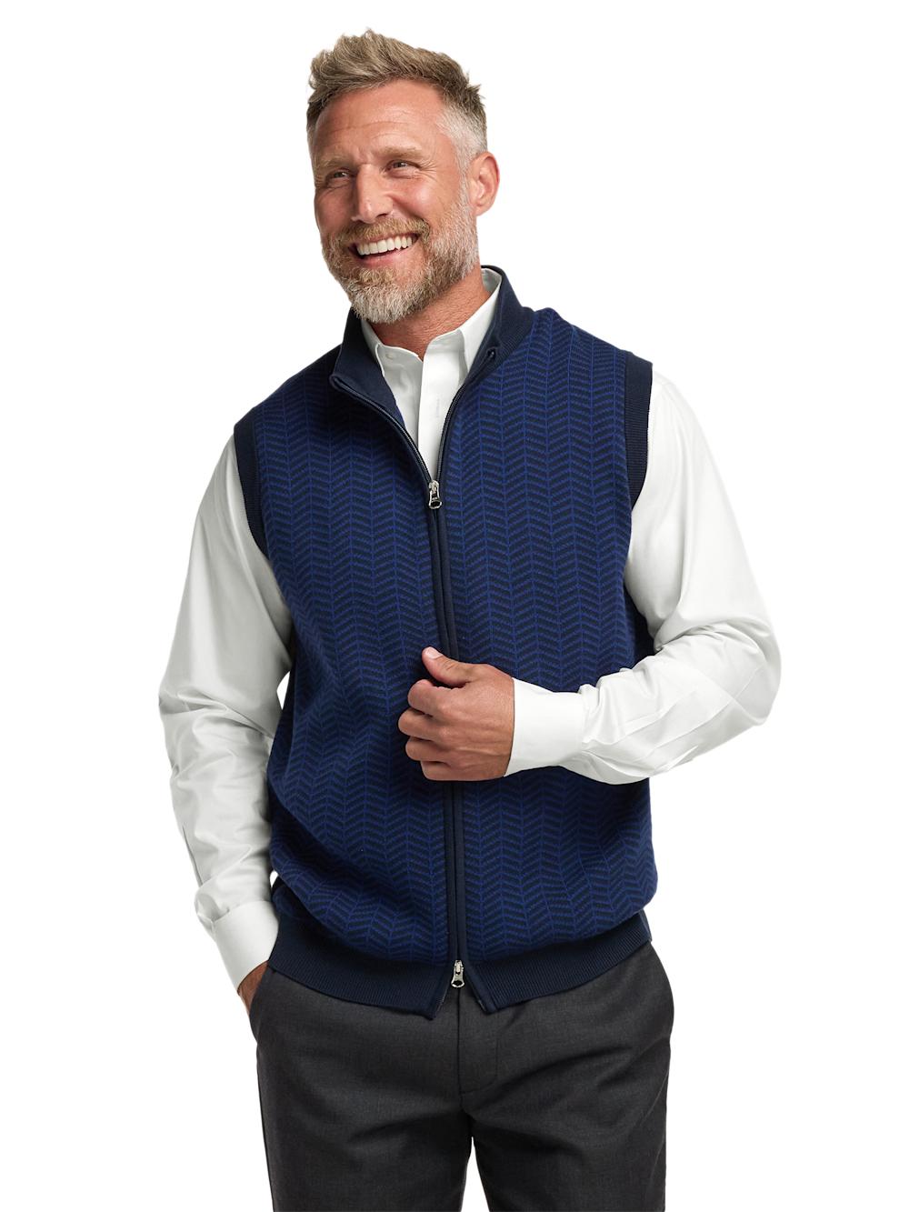 Cotton Full Zip Mock Neck Vest - Navy Product Image