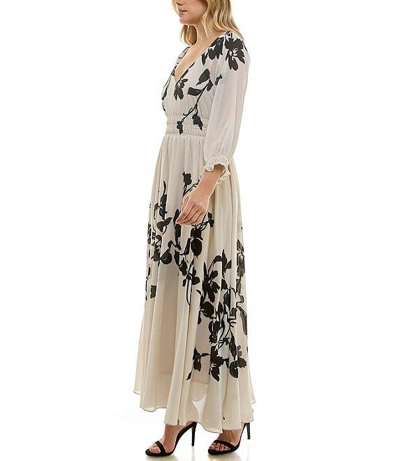Taylor Floral Print Chiffon V-Neck Long Ruffle Cuff Sleeve Fit & Flare Maxi Dress Product Image