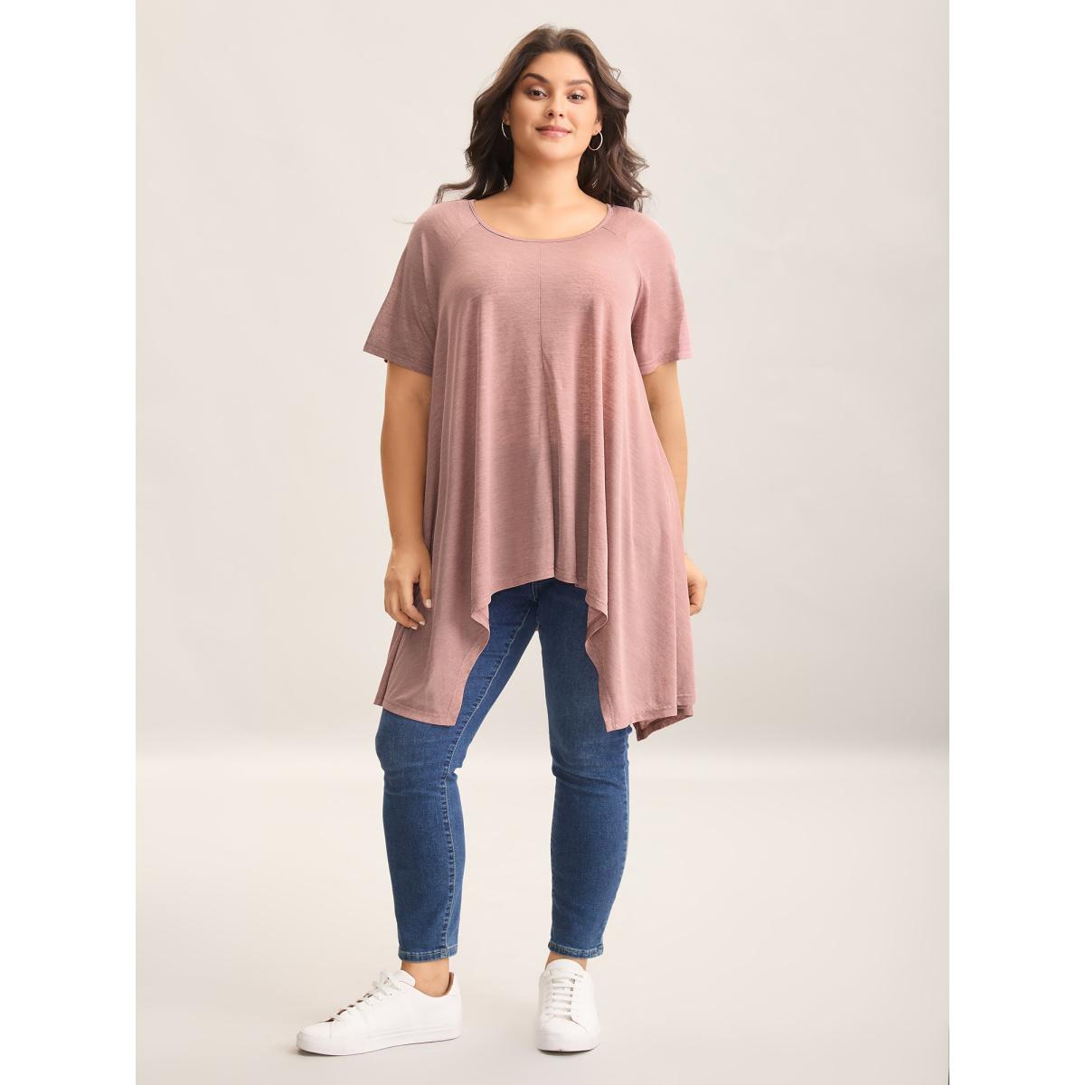 Plus Size Handkerchief Hem Plain Oversized T-Shirt Crepe Women Asymmetrical Boat Neck Loose Everyday-Casual T-shirts BloomChic 18-20/2X Product Image