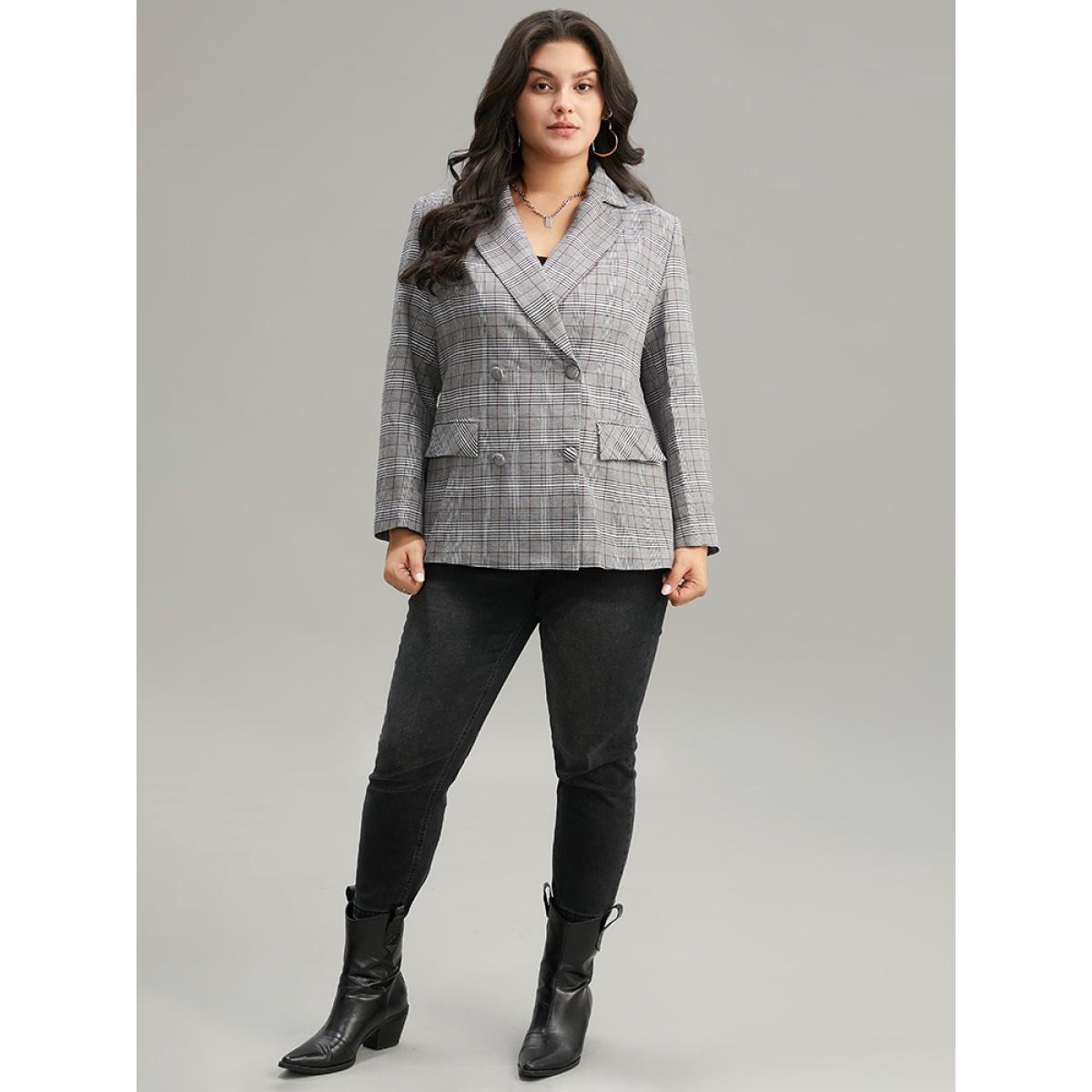 Plus Size Plaid Lapel Collar Pocket Button Up Blazer Gray Women Dailywear Plaid Button Sleeve Long Sleeve Lapel Collar 22-24/3X Pocket Casual Blazers BloomChic Product Image