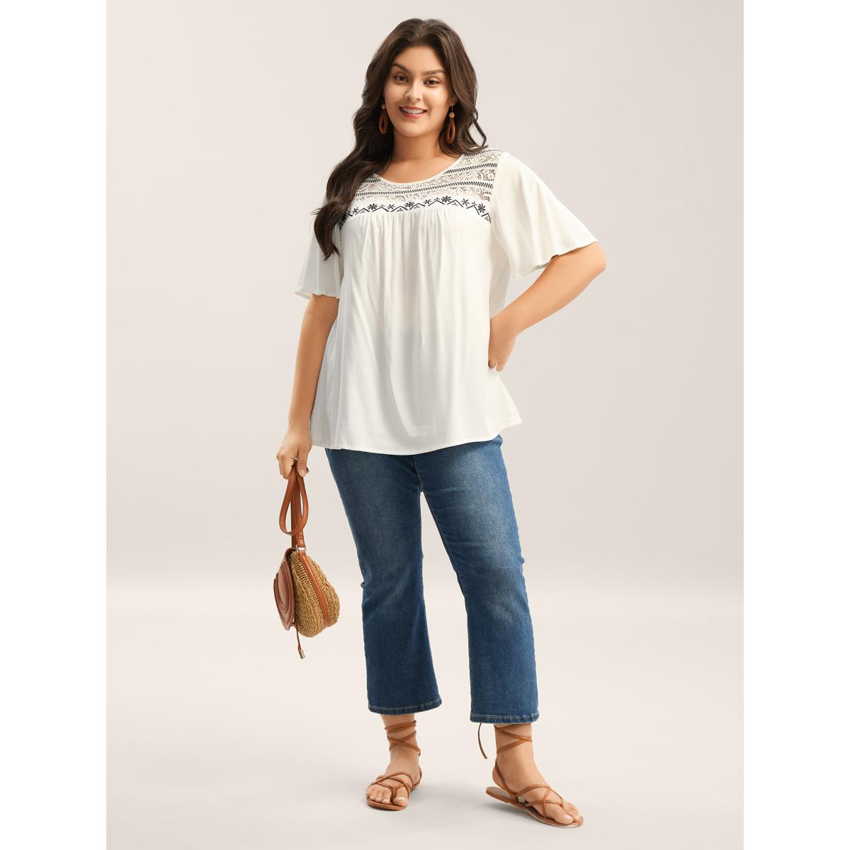 Plus Size WhiteSmoke Stretchy Boho Neck Cut-Out Blouse Women Boho Short sleeve Round Neck Vacation Blouses BloomChic 22-24/3X Product Image