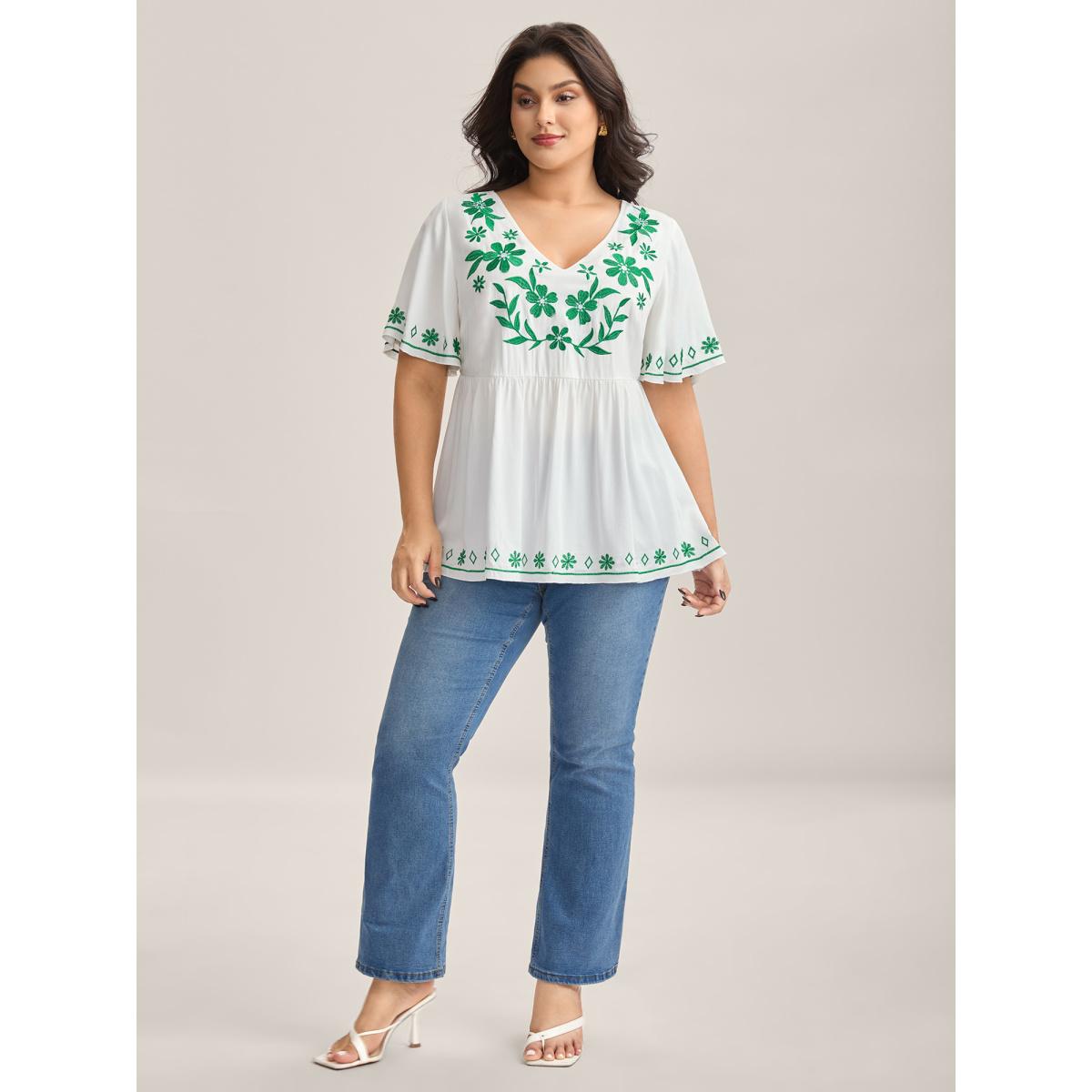 Plus Size WhiteSmoke Floral Embroidery Flared Flowy Blouse Women Short sleeve V-neck Elegant Blouses BloomChic 22-24/3X Product Image