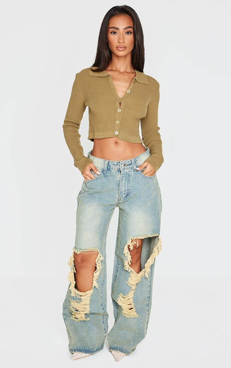 Petite Khaki Knitted Rib Cropped Cardigan Product Image