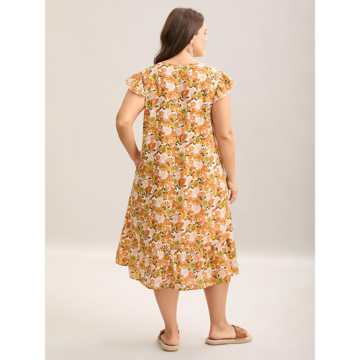 Plus Size Sunkissed Floral Print Flutter Sleeve Midi Dress Brightorange Women Leisure Round Neck Cap Sleeve Curvy BloomChic 22-24/3X Product Image
