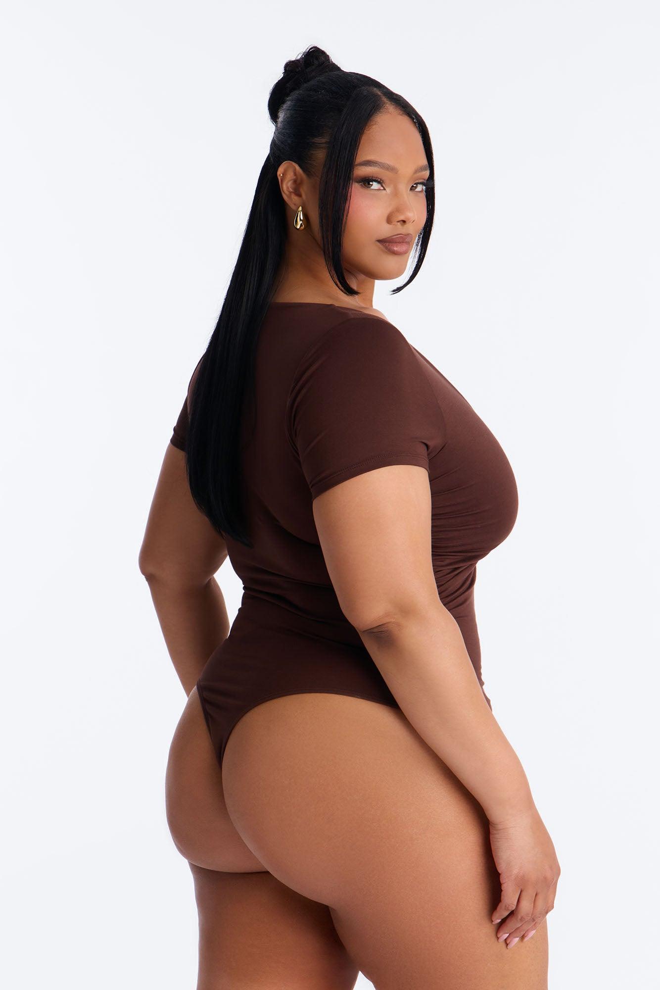 Danielle Deep V Neck Short Sleeve Bodysuit - Brown Female Product Image