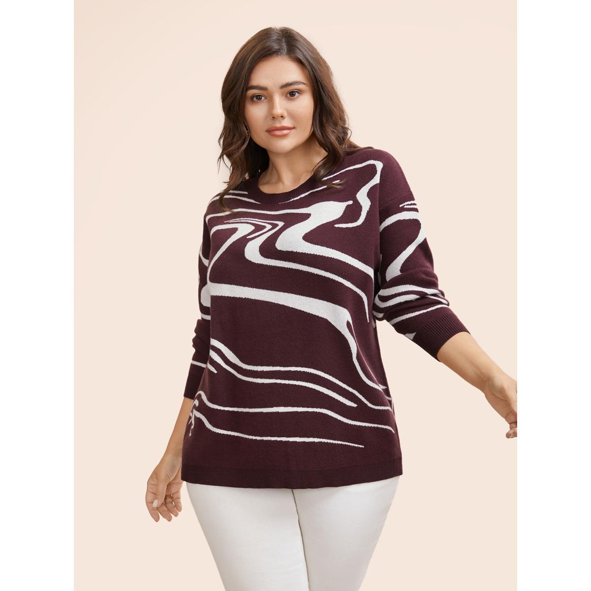 Plus Size Water Ripple Contrast Drop Shoulder Pullover DarkBrown Women Casual Loose Long Sleeve Round Neck Everyday Pullovers BloomChic 22-24/3X Product Image