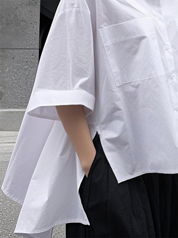 Half Sleeves Loose Buttoned Pockets Solid Color Lapel Blouses&Shirts Tops Product Image