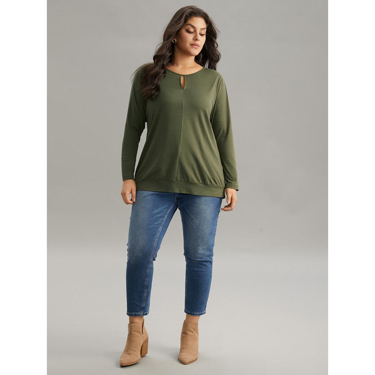 Plus Size Plain Cut Out Round Neck Knit T-shirt ArmyGreen Women Elegant Cut-Out Plain Round Neck Dailywear T-shirts BloomChic 12/L Product Image
