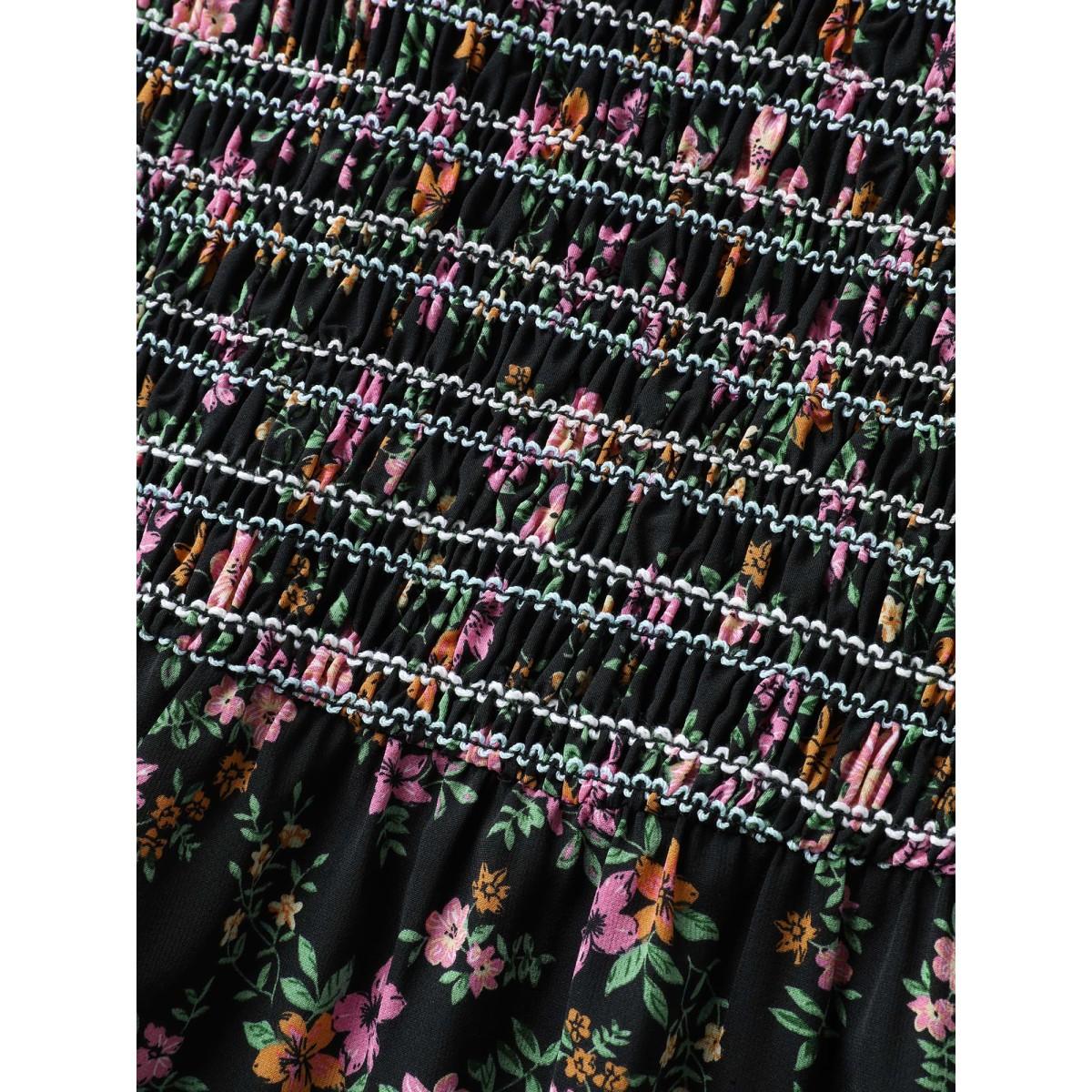 Plus Size Floral Shirred Bodice Contrast Midi Dress Black Women Romantic Gathered Square Neck Short sleeve Curvy BloomChic 30/6X Product Image