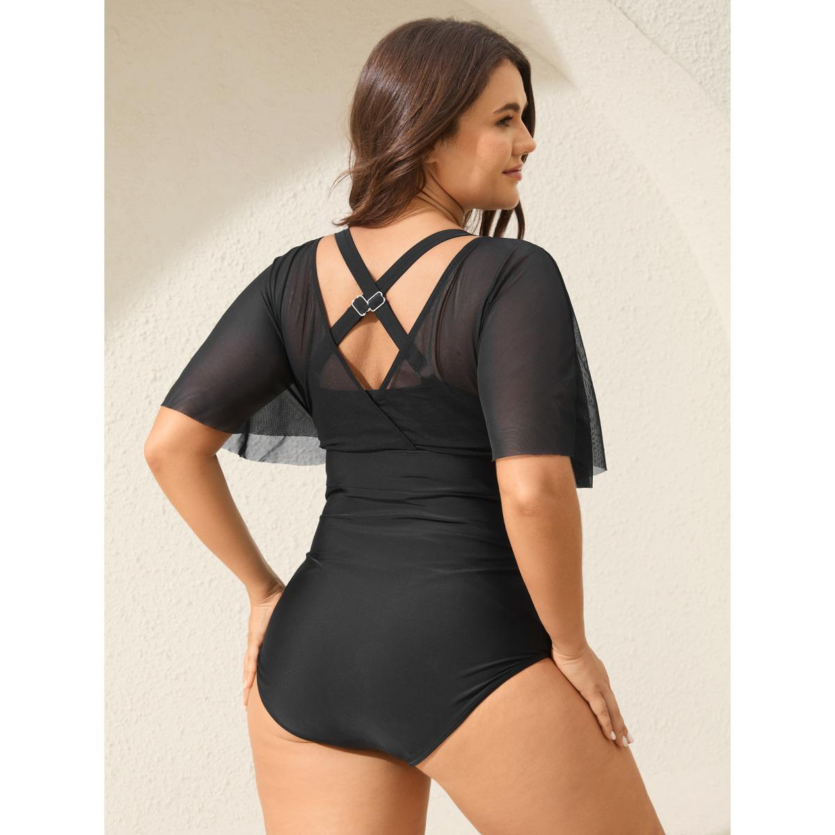 Plus Size Layered Sheer Pleated One-Piece Swimsuit Women's Swimwear Black Beach Gathered Curve Bathing Suits High stretch One Pieces BloomChic 14-16/1X Product Image