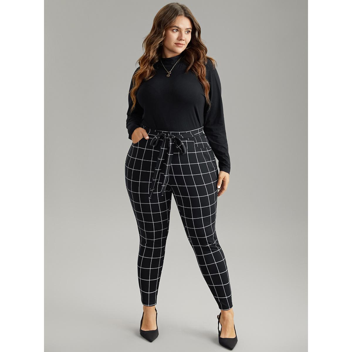Plus Size Plaid Elastic Waist Ties Bodycon Pants Women Black Elegant Bodycon High Rise Dailywear Pants BloomChic 12/L Product Image