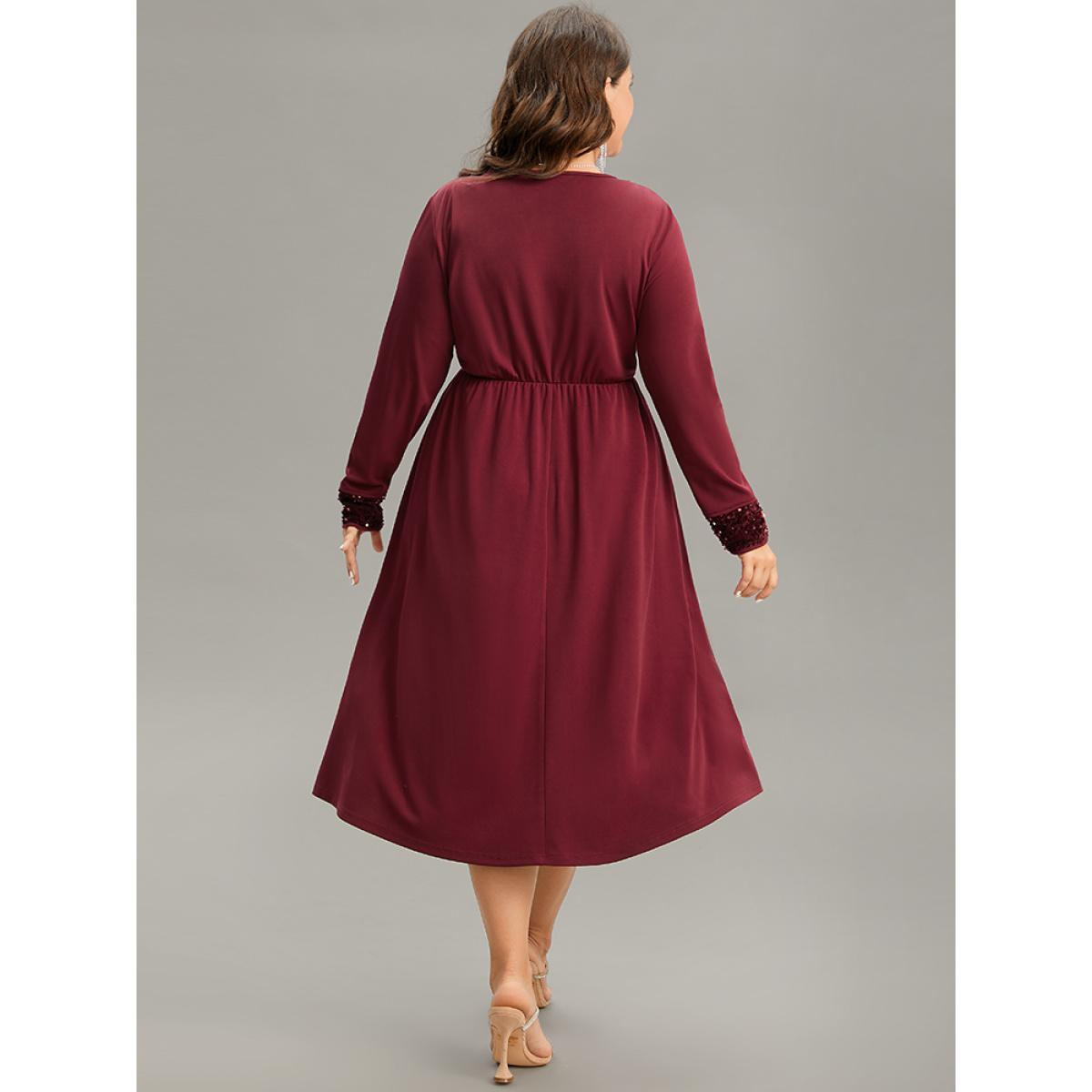 Plus Size Plain Sequin Patchwork Elastic Waist Dress Scarlet Women Glamour Sequin Square Neck Long Sleeve Curvy Midi Dress BloomChic 18-20/2X Product Image
