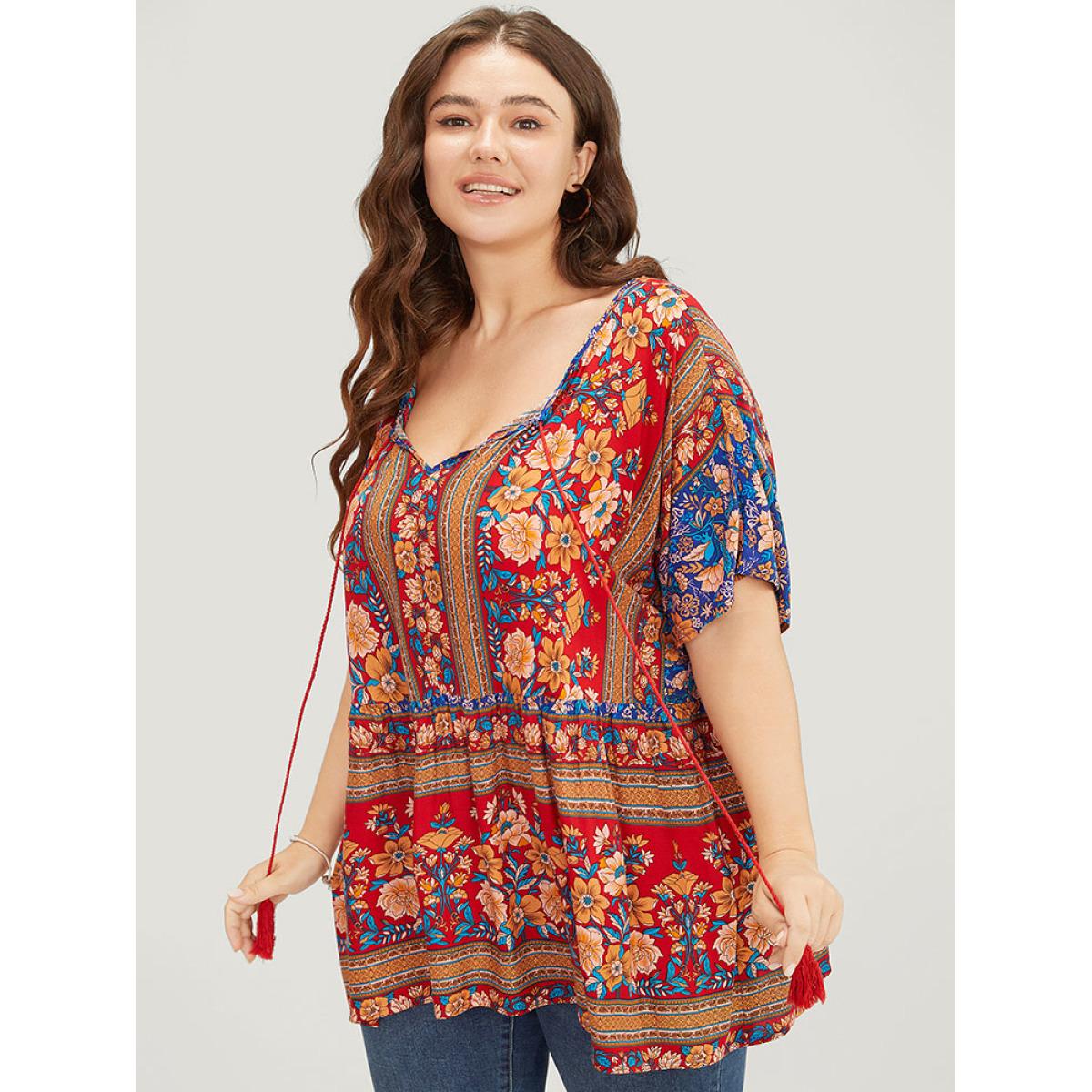 Plus Size Indigo Bandana Print Tie Neck Tassels Batwing Sleeve Blouse Women Vacation Short sleeve Tie Neck Dailywear Blouses BloomChic 10/M Product Image