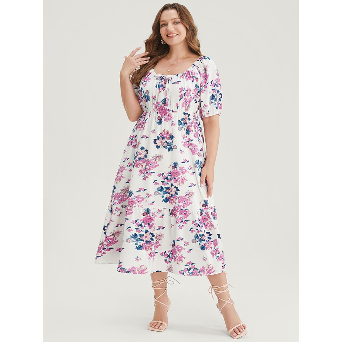 Plus Size Floral Puff Sleeve Pocket Knot Front Scoop Neck Flutter Dress White Women Elegant Lined Scoop Neck Short sleeve Curvy Midi Dress BloomChic 18-20/2X Product Image