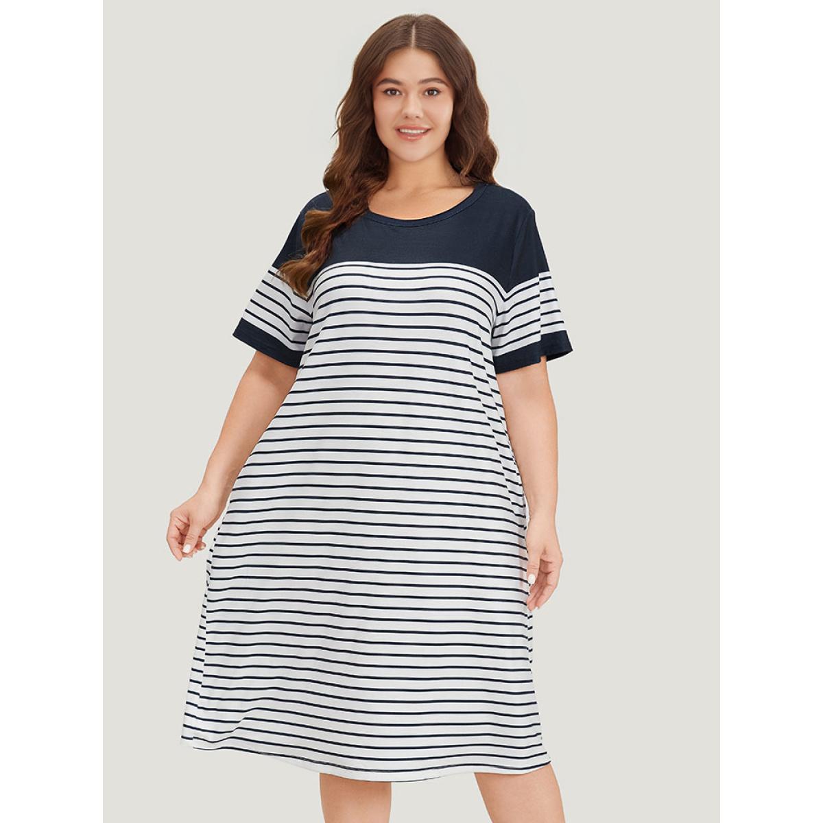 Plus Size Striped Print Patchwork Pocket Round Neck Dress DarkBlue Women Elegant Contrast Round Neck Short sleeve Curvy Knee Dress BloomChic 18-20/2X Product Image