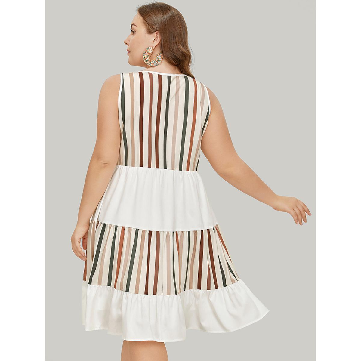 Plus Size Striped Patchwork Pocket Layered Hem Tank Dress Multicolor Women Vacation Contrast Round Neck Sleeveless Curvy Knee Dress BloomChic 30/6X Product Image