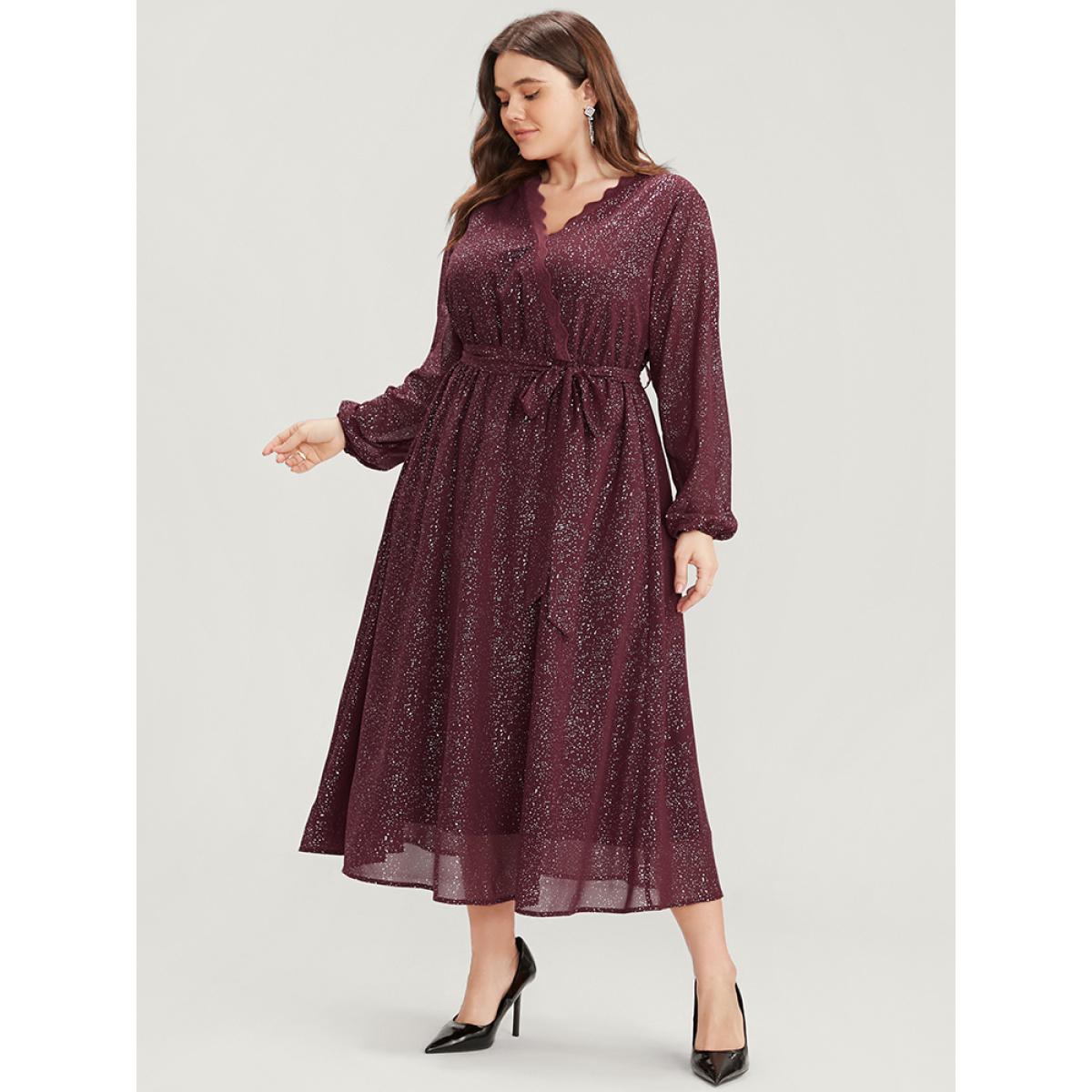 Plus Size Polka Dot Wrap Lace Trim Lantern Sleeve Pocket Belted Dress Burgundy Women Party Pocket V-neck Long Sleeve Curvy Midi Dress BloomChic 22-24/3X Product Image