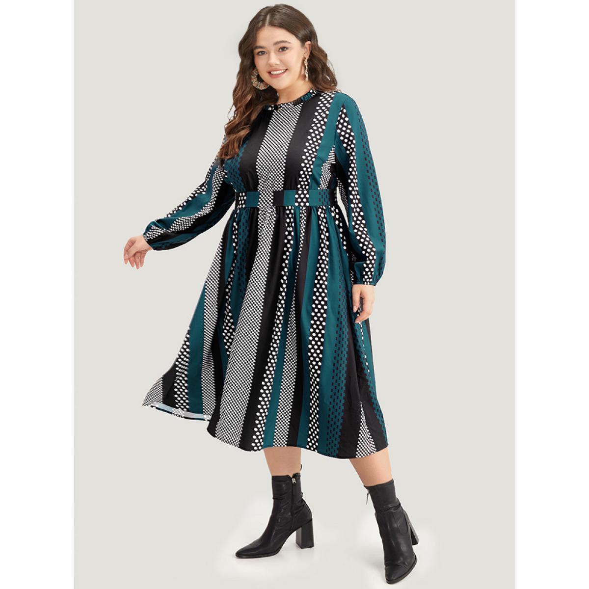 Plus Size Polka Dot Patchwork Striped Pleated Lantern Sleeve Dress Aegean Women At the Office Elastic cuffs Round Neck Long Sleeve Curvy Midi Dress BloomChic 26/4X Product Image
