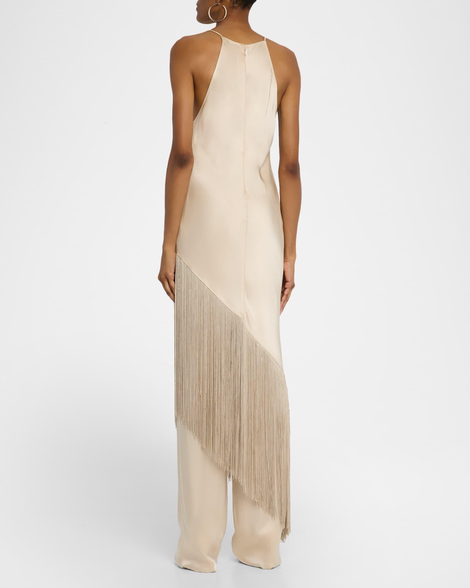 Satin Cowl-Neck Fringe Midi Dress Product Image