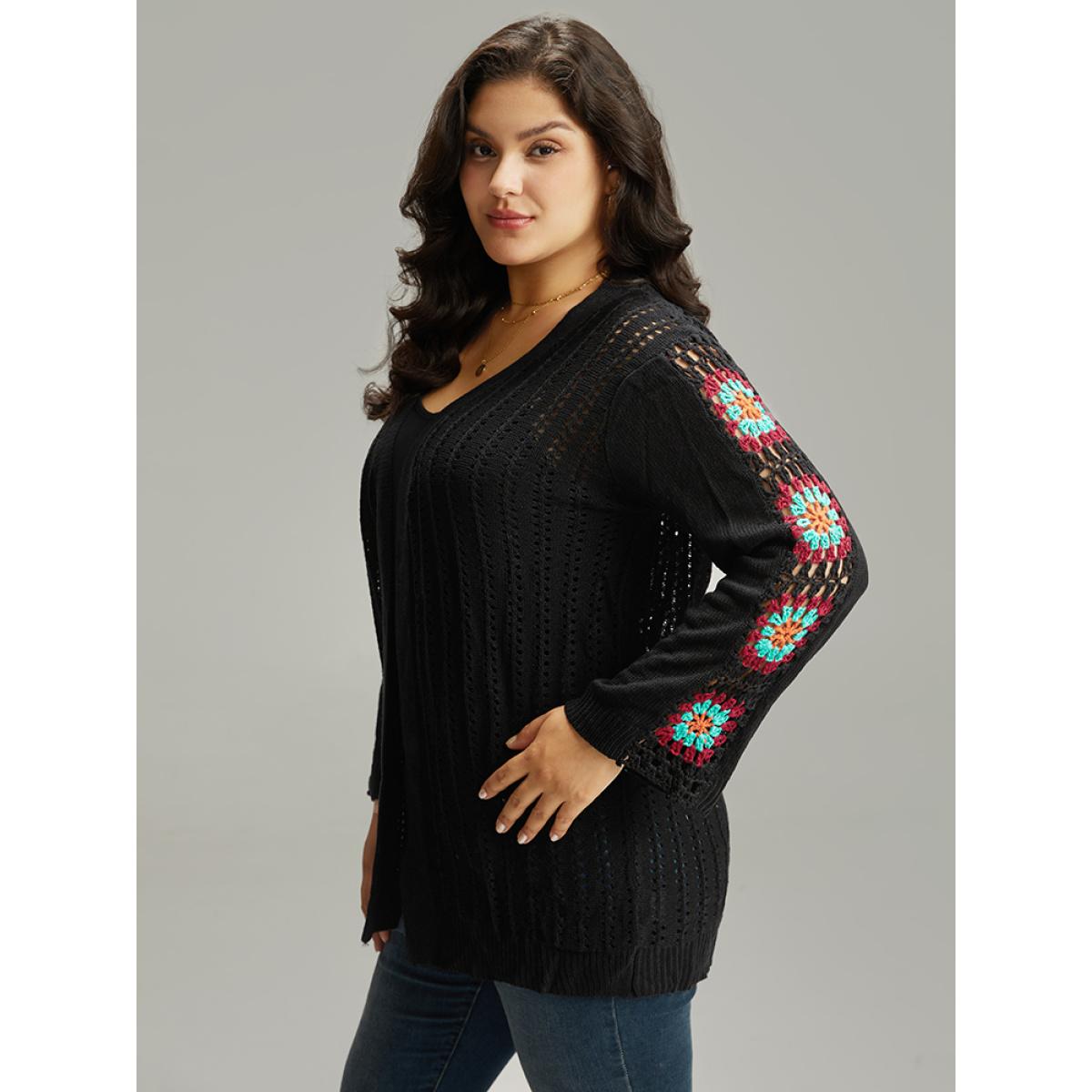 Plus Size Plain Hollow Out Patchwork Cardigan Black Women Casual Loose Long Sleeve Dailywear Cardigans BloomChic 18-20/2X Product Image