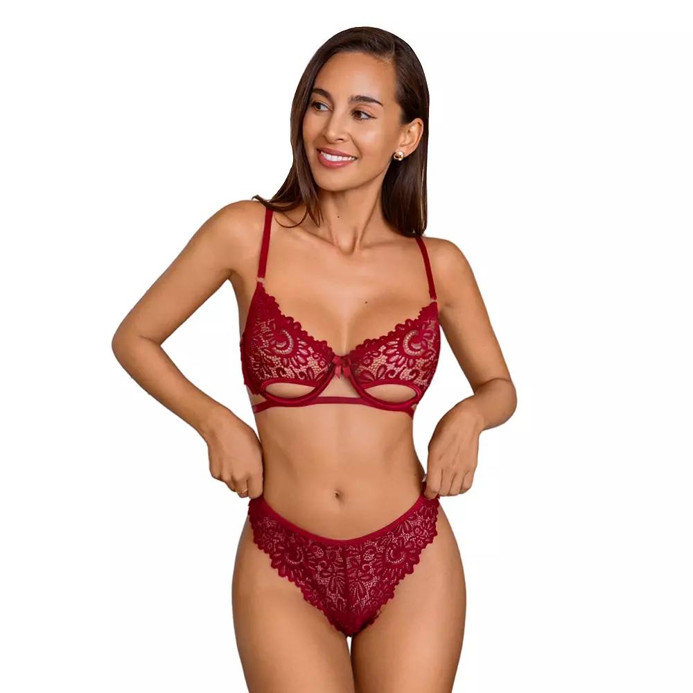 Women's Cupshe Red Lace Cutout Bra & Underwear Set, Size: Small Product Image
