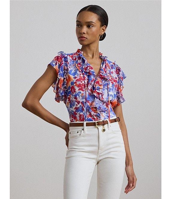 Lauren Ralph Lauren Georgette Floral Ruffle Trim V-Neck Flutter Sleeve Blouse Product Image