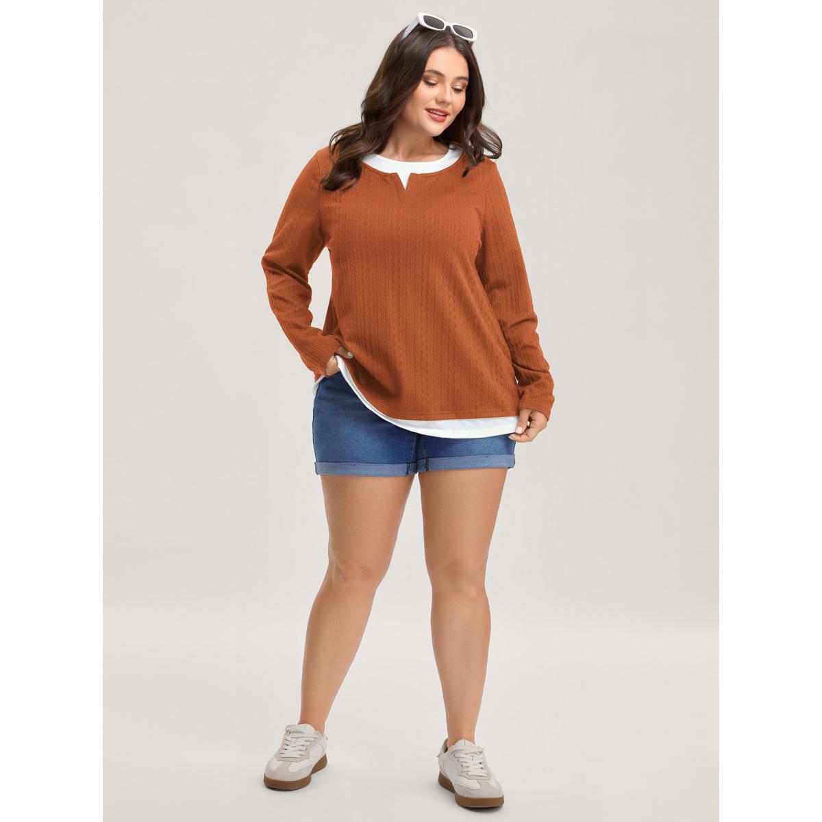Plus Size Textured Spliced Round Neck Solid T-Shirt OrangeRed Women Leisure Round Neck Casual T-shirts BloomChic 10/M Product Image