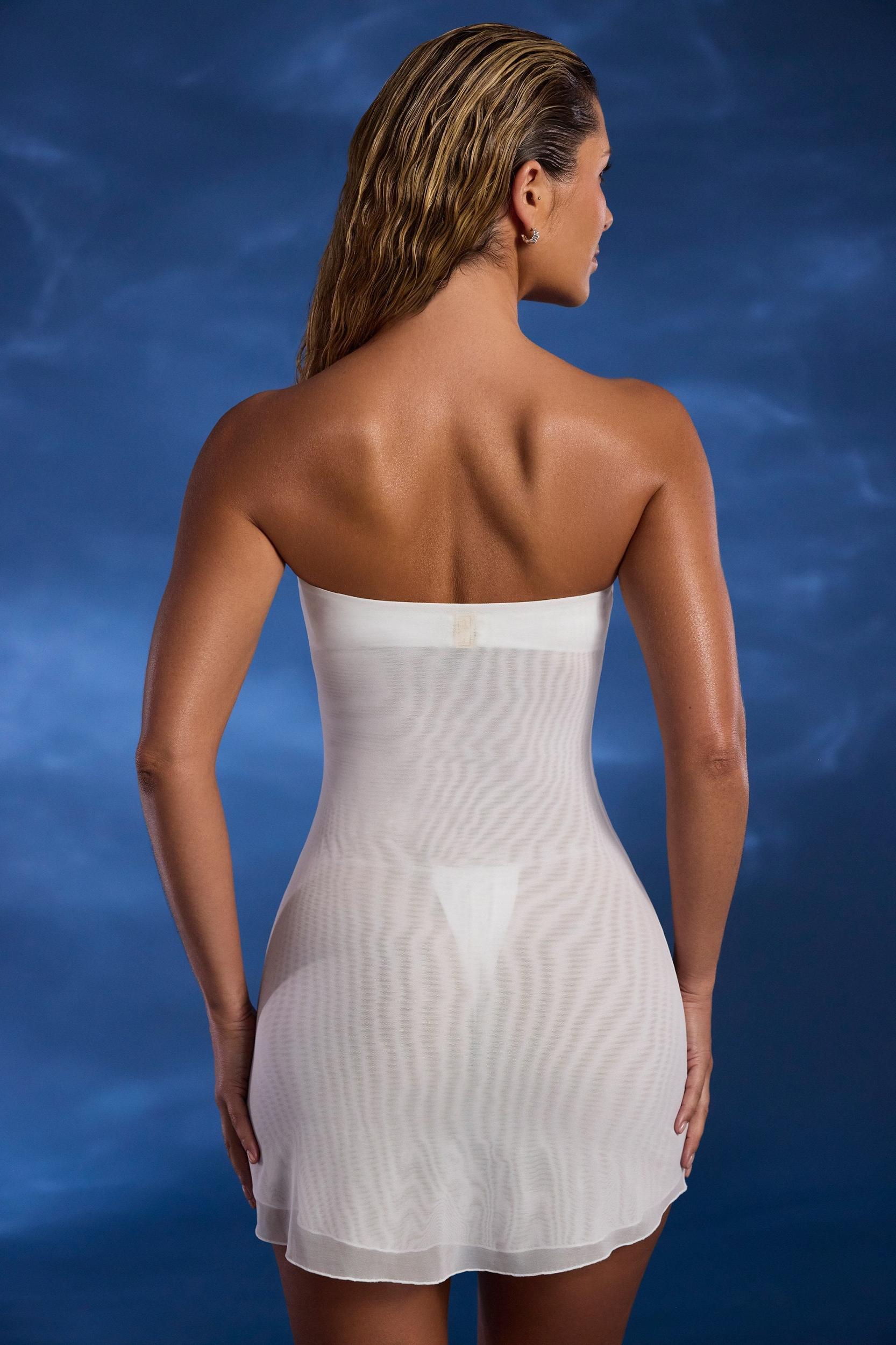 Asymmetric Ruched Bandeau Mini Dress in Ivory Product Image