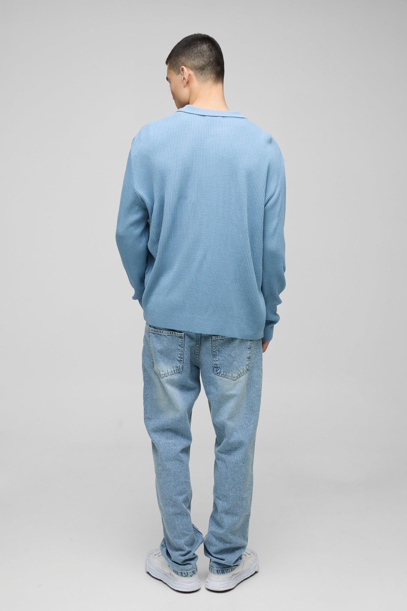 Oversized Ribbed Revere Neck Knitted Polo | boohooMAN USA Product Image