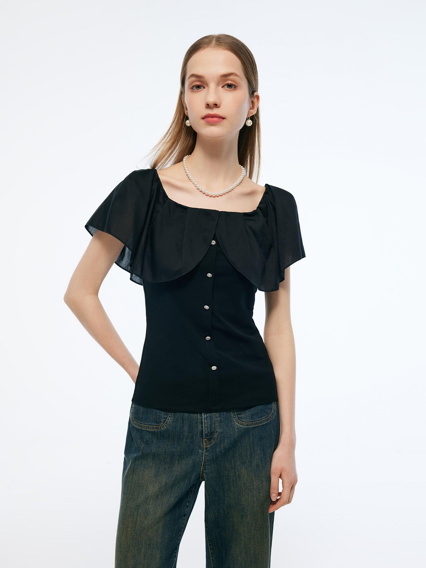 Tencel Blend Convertible Neckline Women Ruffled Top Product Image