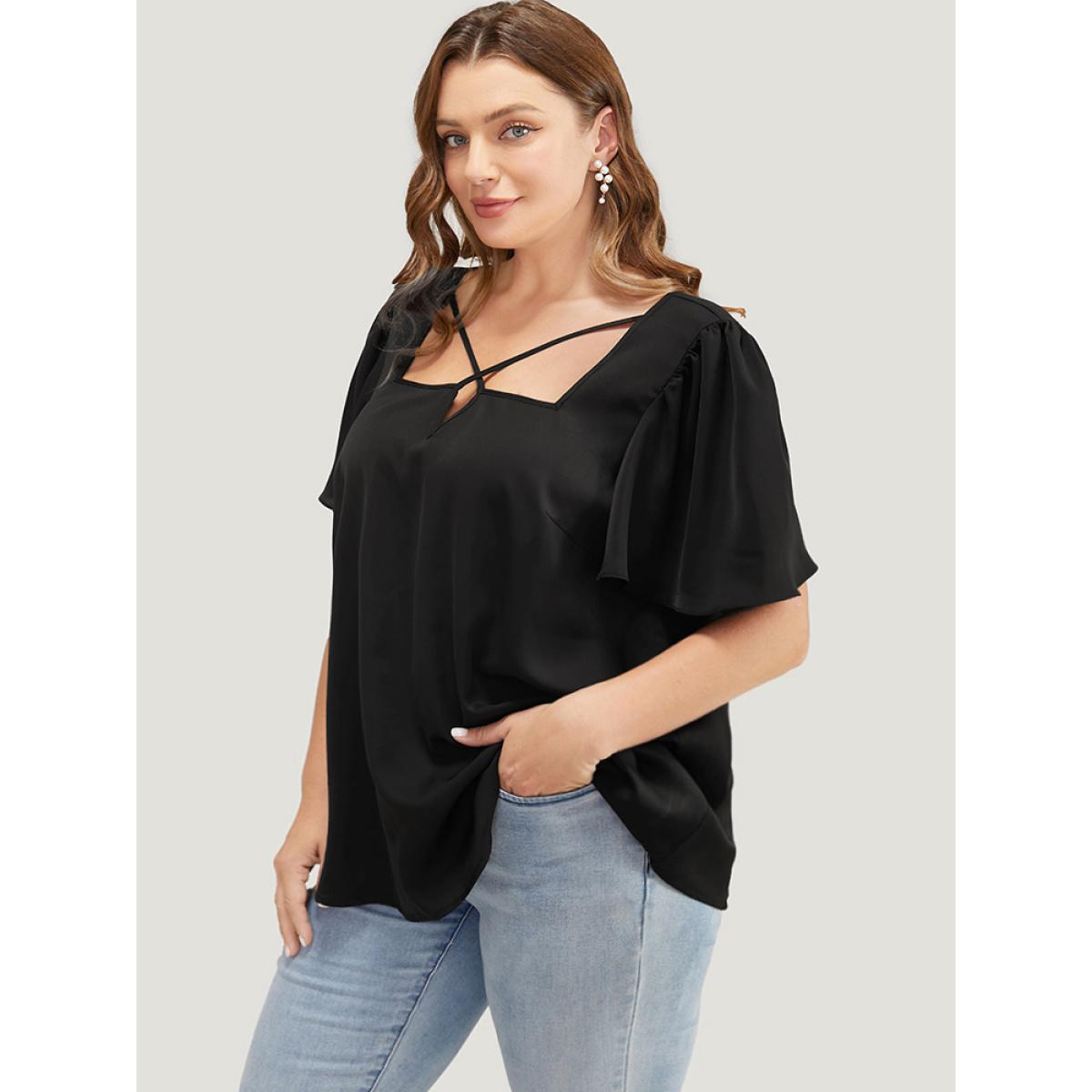 Plus Size Black Solid Crisscross Notched Square Neck Ruffle Sleeve Blouse Women Elegant Short sleeve Notched collar Dailywear Blouses BloomChic 10/M Product Image