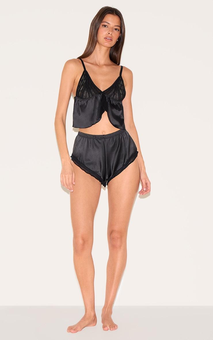 Black Textured Lace Satin Cami Short Pj Set Product Image