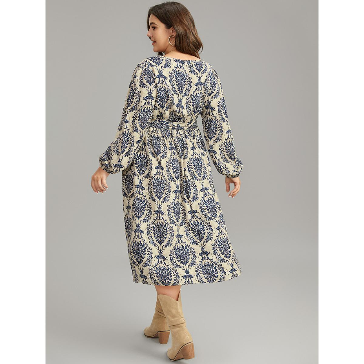 Plus Size Supersoft Essentials Boho Print Elastic Waist Belted Dress Indigo Women Vacation Elastic cuffs Overlap Collar Long Sleeve Curvy Midi Dress BloomChic 12/L Product Image