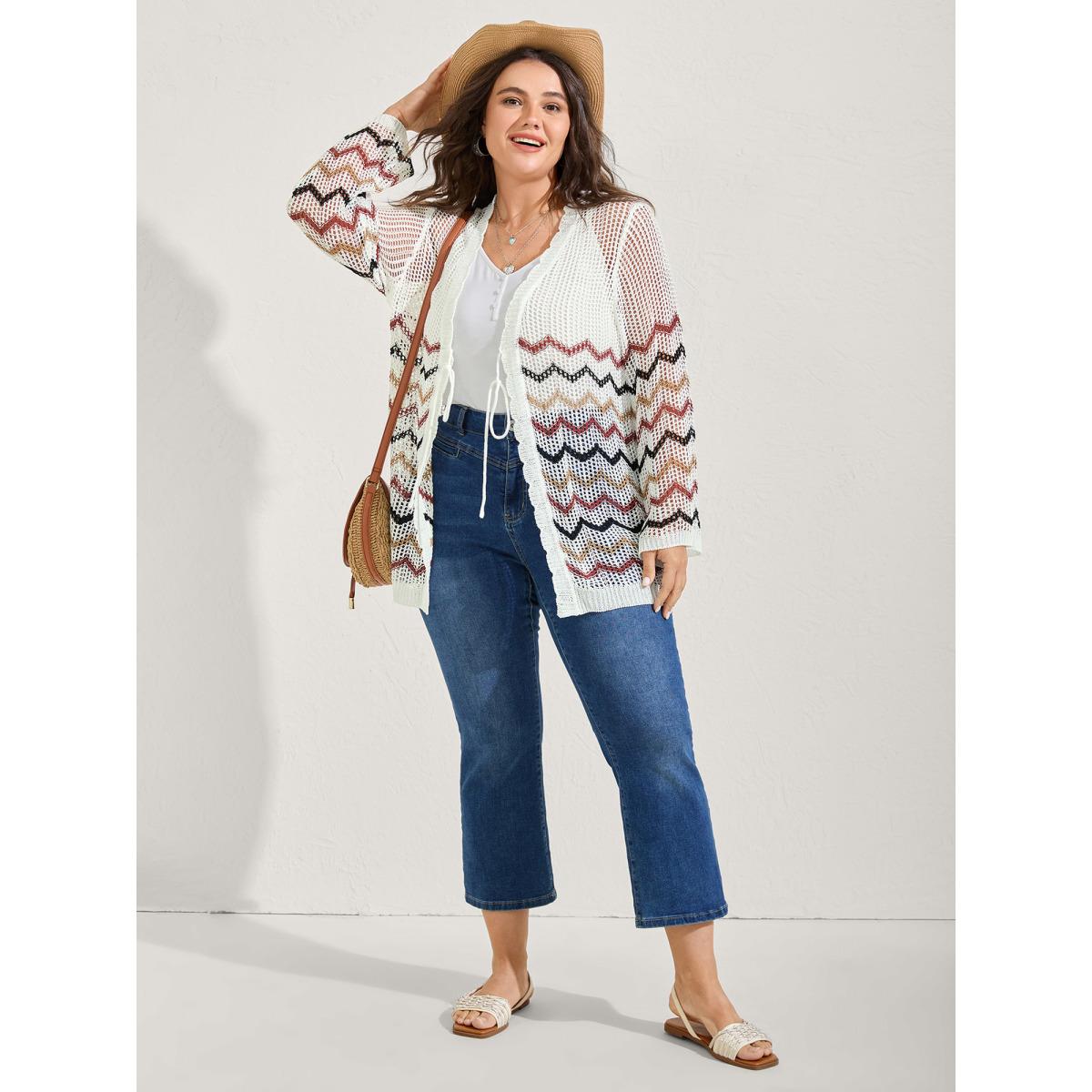 Plus Size Irregular Stripes Front Double Tie Lightweight Cardigan Ivory Women Loose Sleeveless Vacation Cardigans BloomChic 22-24/3X Product Image