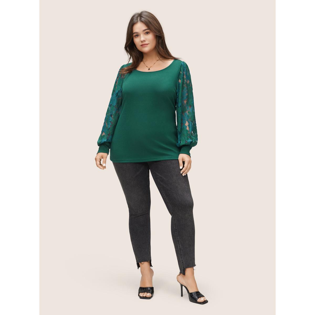 Plus Size Solid Plants Guipure Lace Gathered T-shirt DarkGreen Women Elegant Plain Plain Round Neck Dailywear T-shirts BloomChic 18-20/2X Product Image