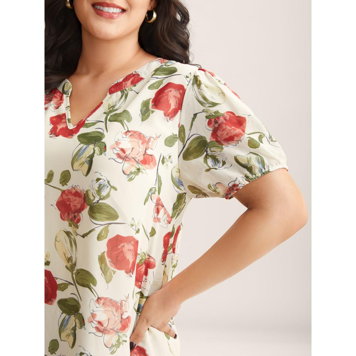 Plus Size Ivory Rosy Print Sheer Notched Collar Blouse Women Short sleeve Flat collar with V-notch Everyday-Elegant Blouses BloomChic 18-20/2X Product Image