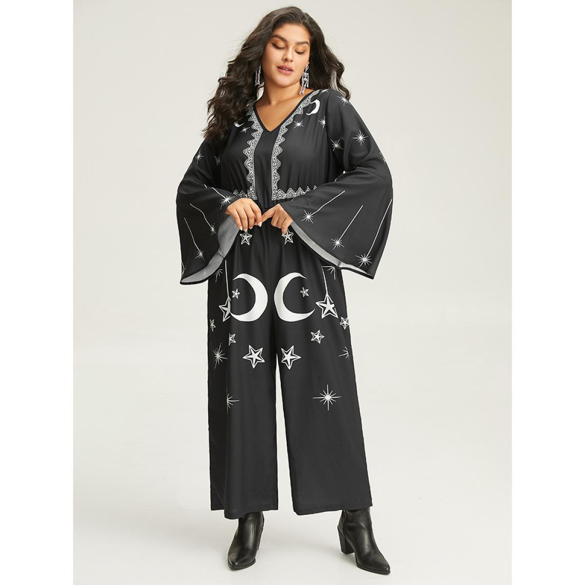 Plus Size Black Halloween Moon & Star Elastic Waist Bell Sleeve Jumpsuit Women Casual Long Sleeve V-neck Festival-Halloween Loose Jumpsuits BloomChic 18-20/2X Product Image
