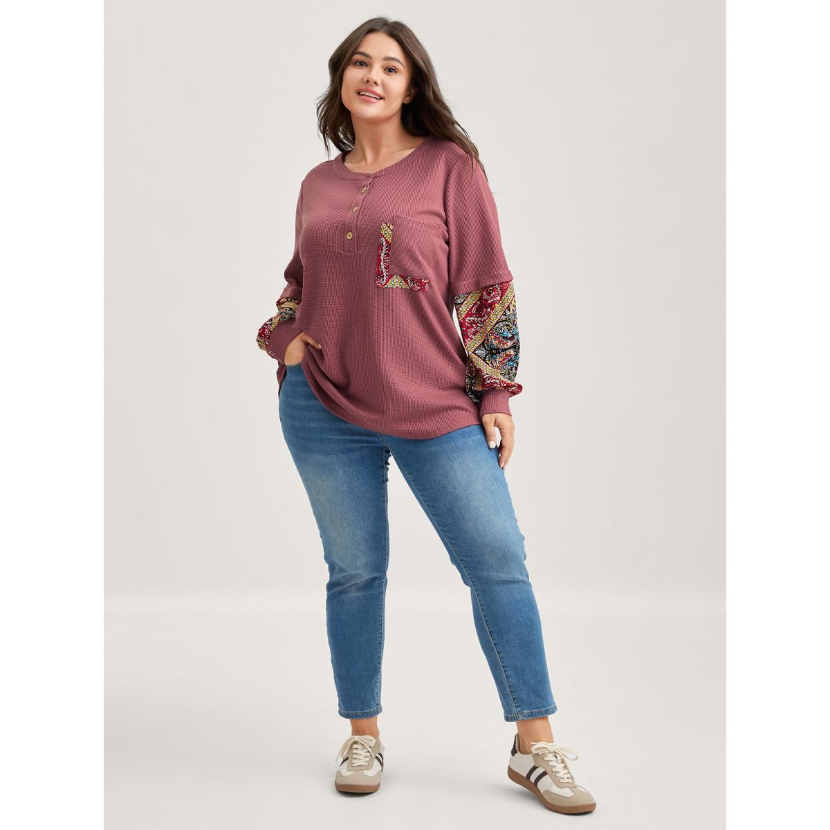 Plus Size Waffle Grid Contrast Paisley Solid Sleeve Sweatshirt Women DustyPink Texture Round Neck Casual Sweatshirts BloomChic 30/6X Product Image