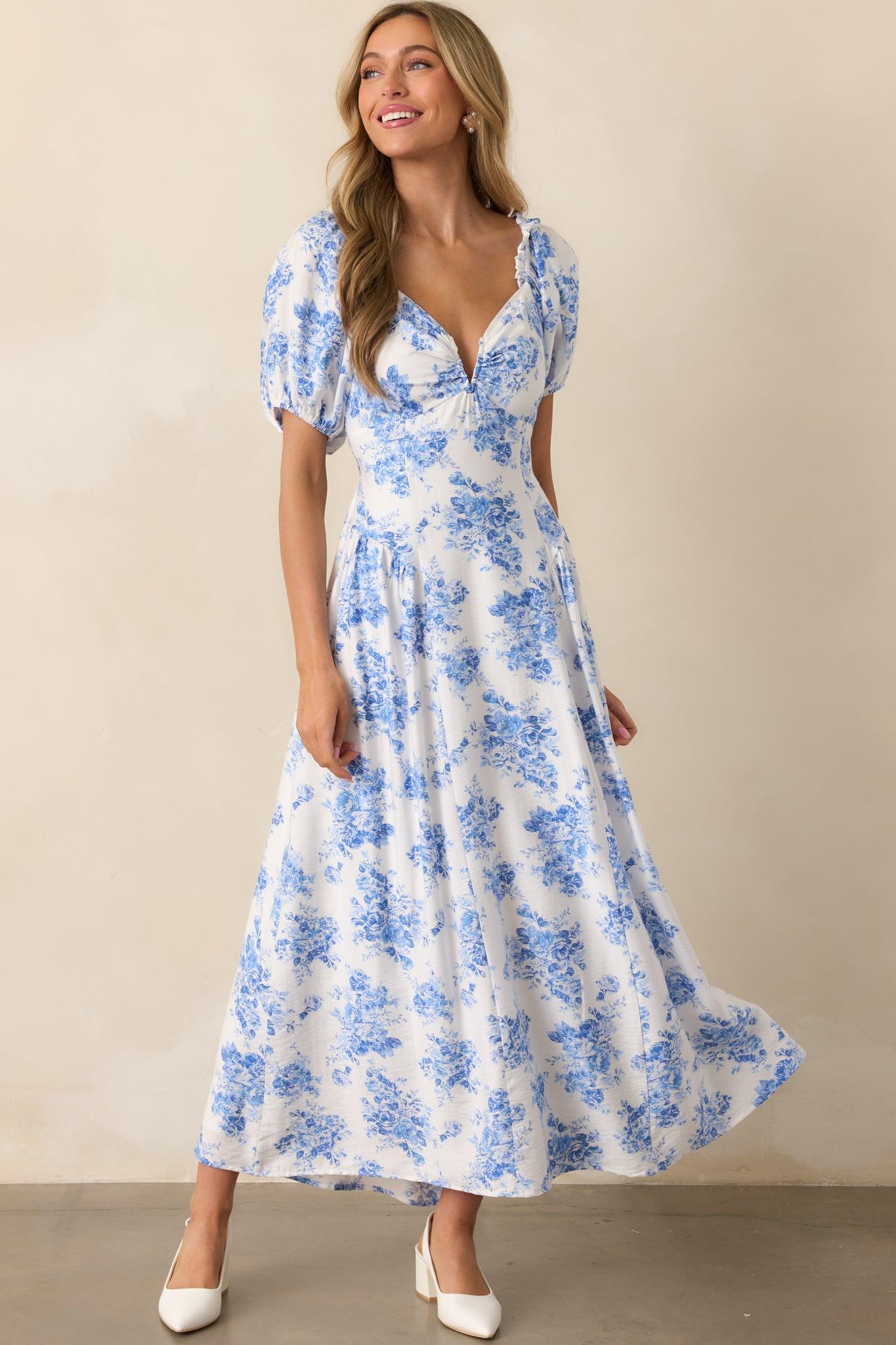 For The Dreamers Blue Floral Puff Sleeve Maxi Dress Product Image