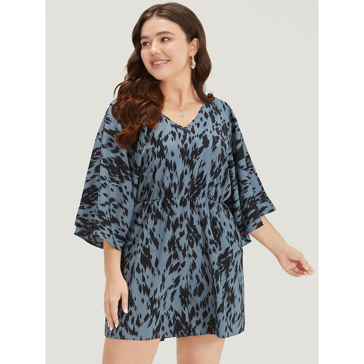 Plus Size Stone Leopard Print Flounce Sleeve Pocket Elastic Waist Jumpsuit Women Vacation Half Sleeve V-neck Dailywear Loose Jumpsuits BloomChic 12/L Product Image