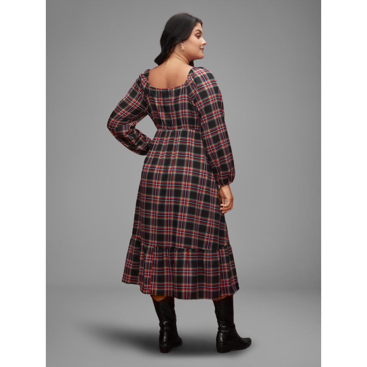 Plus Size Plaid Square Neckline Puffy Sleeve Midi Dress Black Women Elegant Non Square Neck Long Sleeve Curvy BloomChic 14-16/1X Product Image