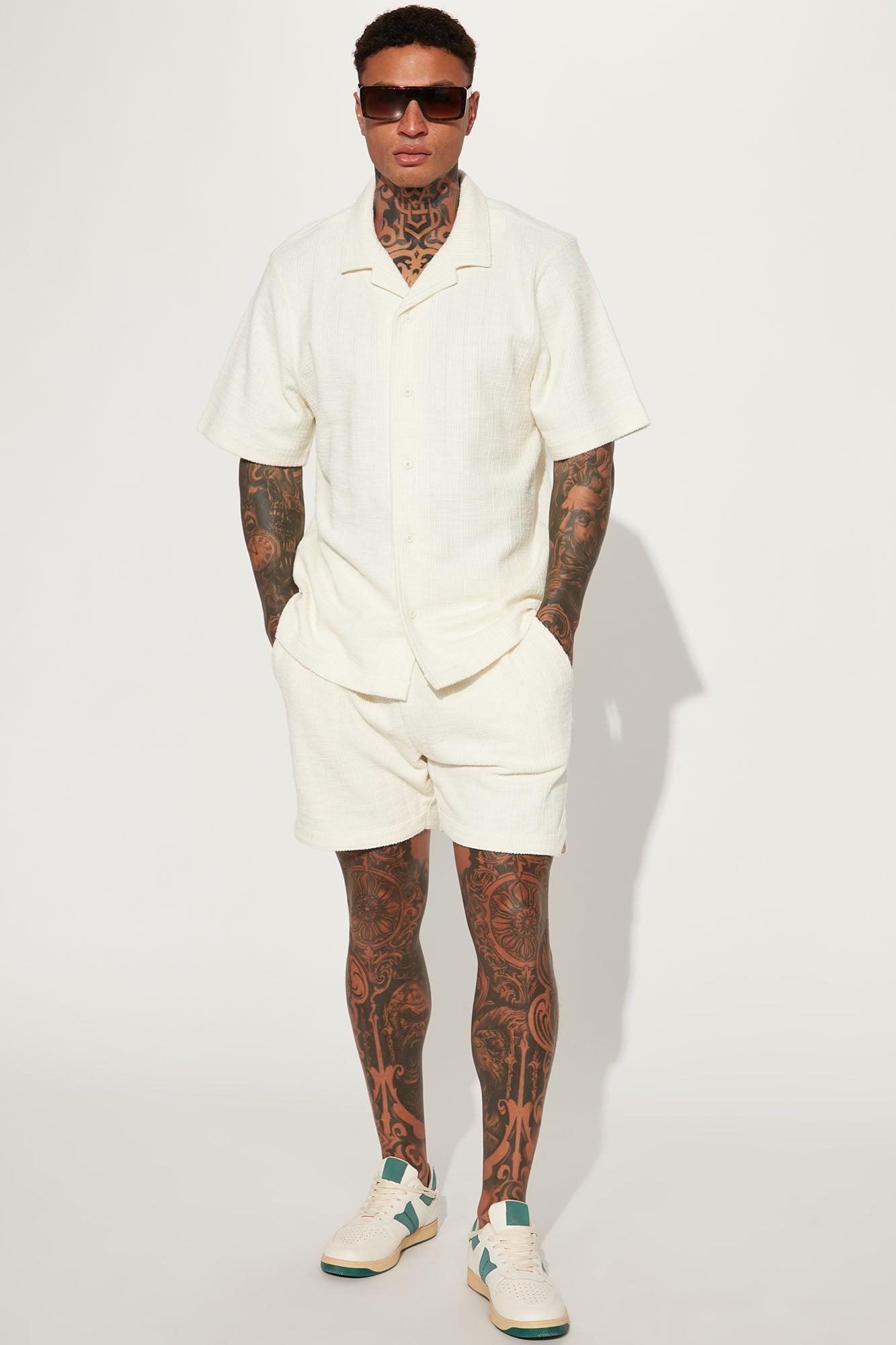 Dean Textured Short Sleeve Button Up Shirt - Cream Product Image
