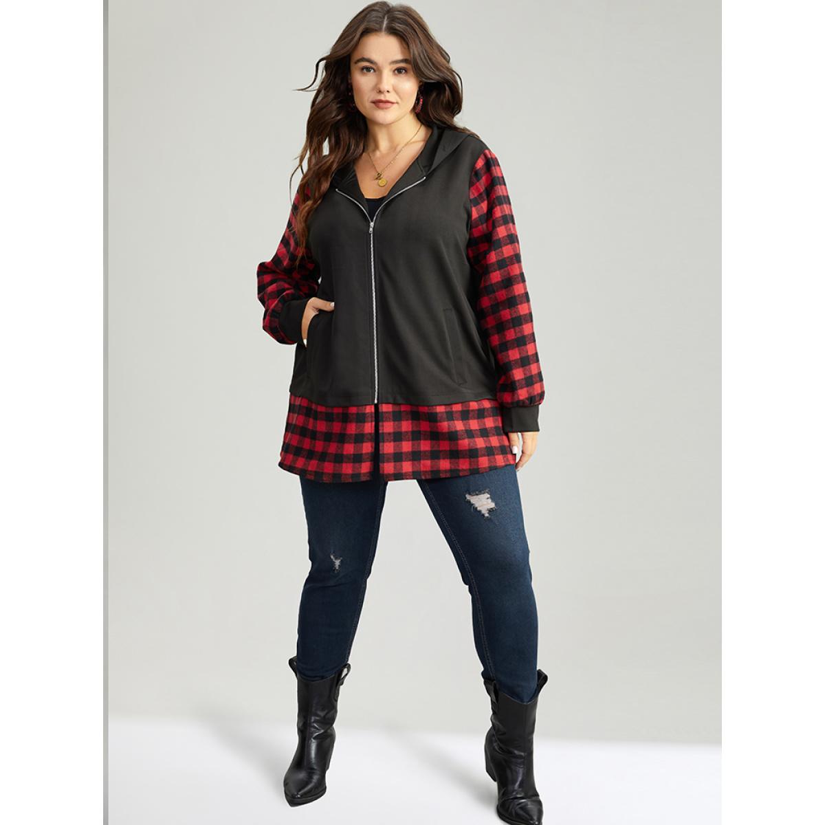 Plus Size Gingham Patchwork Hooded Zipper Contrast Coat Women Red Contrast Pocket Dailywear Jackets BloomChic 22-24/3X Product Image