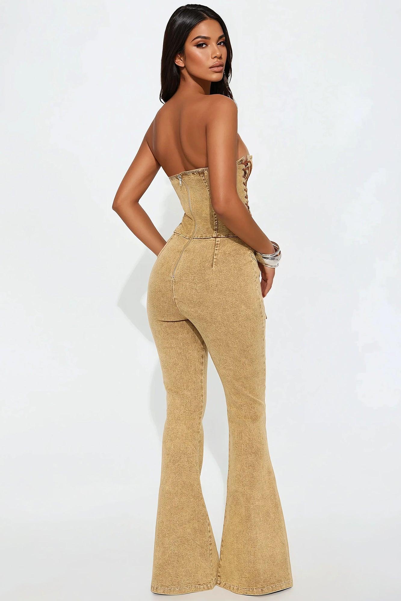 Meet Me In The Desert Denim Jumpsuit - Tan Product Image