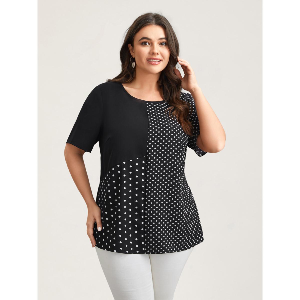 Plus Size Black Polka Dot Panelled A-Line Shirt Women Timeless Short sleeve Round Neck Elegant Blouses BloomChic 28/5X Product Image