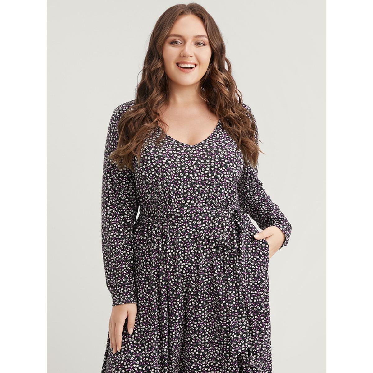 Plus Size Ditsy Floral Pocket Pocket Belted Asymmetrical Hem Dress Midnight Women Elegant V-neck Long Sleeve Curvy Midi Dress BloomChic 26/4X Product Image